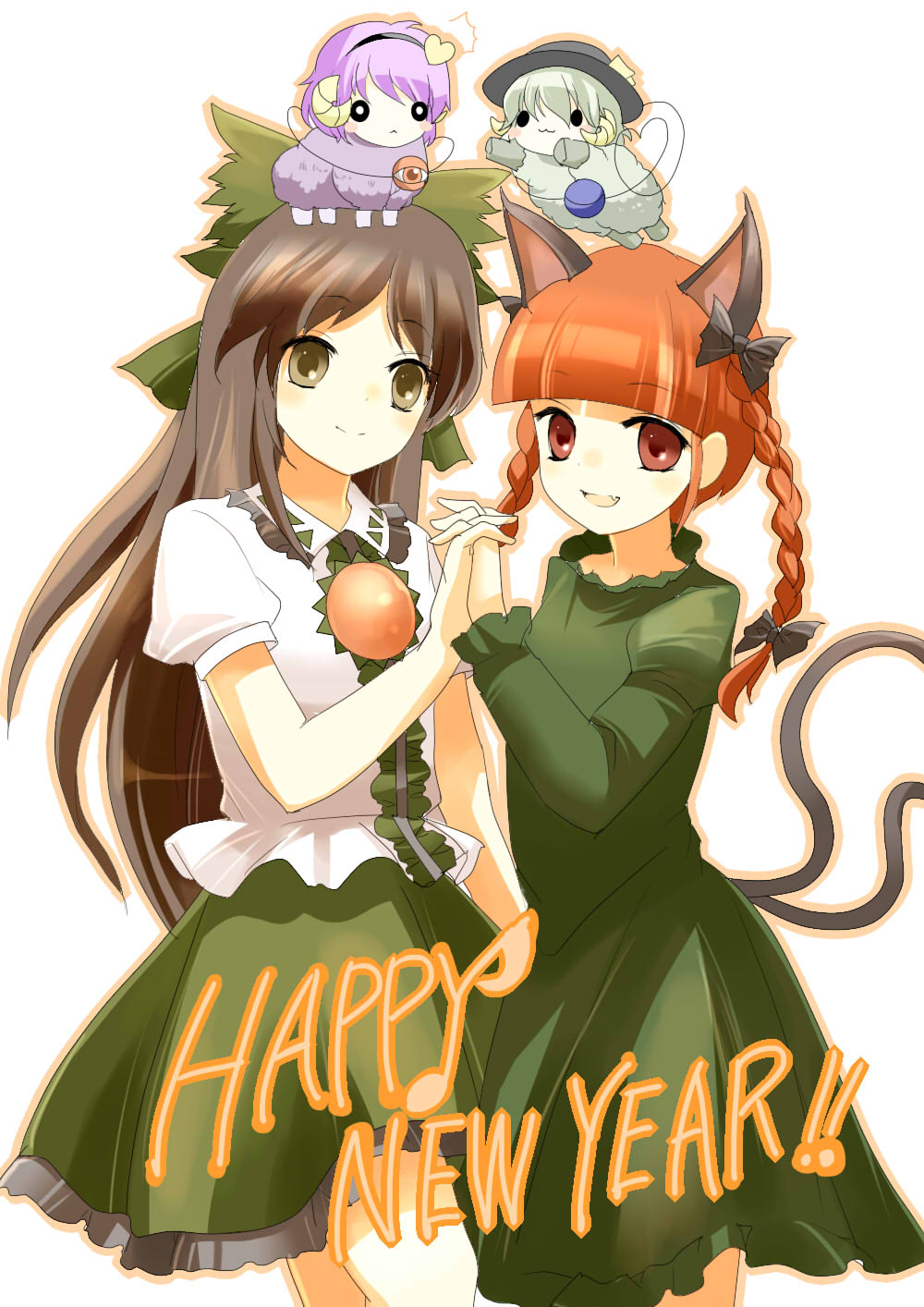 2girls, 4girls, :d, animal_ears, animalization, bow, braid, cat_ears
