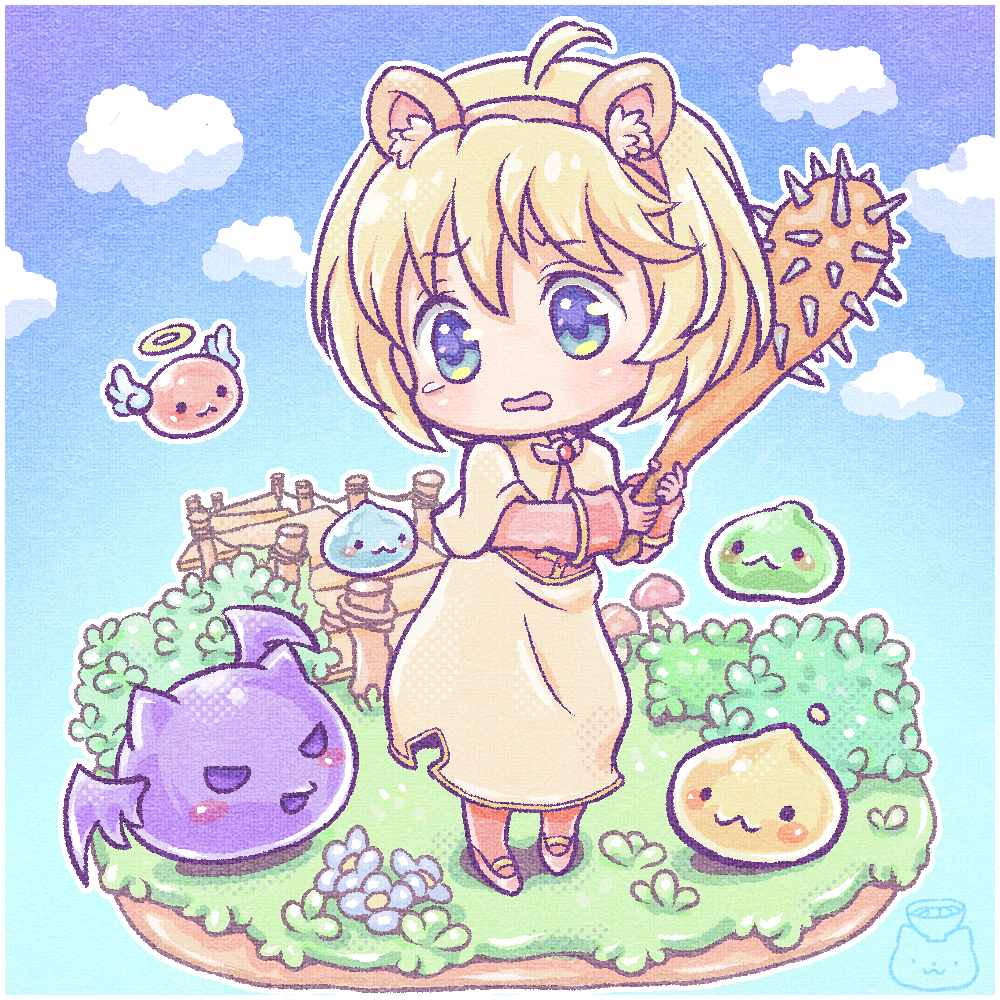 1girl, acolyte_(ragnarok_online), ahoge, angeling, animal_ears, bangs, blonde_hair, blue_eyes