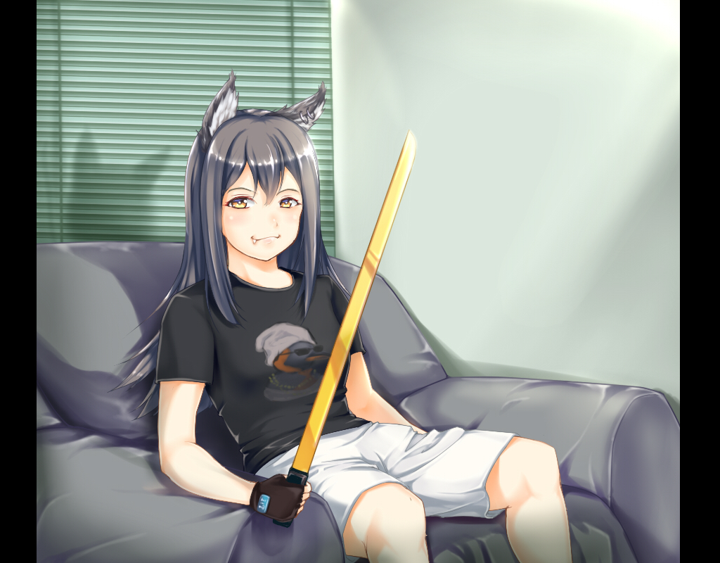 1girl, animal_ear_fluff, animal_ears, arknights, bangs, black_border, black_hair, black_shirt, blinds, blush, breasts, closed_mouth, commentary_request, couch, fang, fang_out, feet_out_of_frame, hair_between_eyes, holding, letterboxed, long_hair, looking_at_viewer, manatsu_no_yo_no_inmu, medium_breasts, meme, penguin_logistics_(arknights), pillarboxed, rock.fc, shirt, shorts, sitting, smile, solo, t-shirt, texas_(arknights), white_shorts, wolf_ears, wolf_girl, yellow_eyes, yjsnpi_interview_(meme)