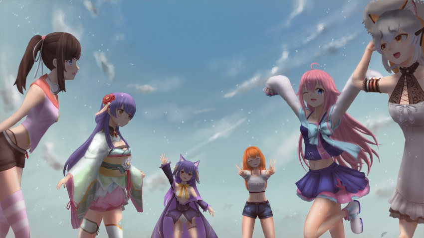 .live, 6+girls, animal_costume, animal_ear_fluff, animal_ears, belt, black_hair, blue_eyes