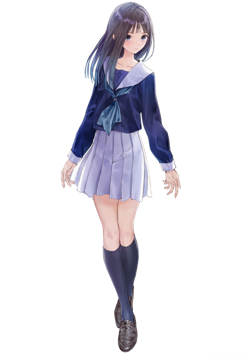 1girl, absurdres, black_footwear, black_socks, blue_neckerchief, blue_reflection, blue_reflection_sun, blue_serafuku