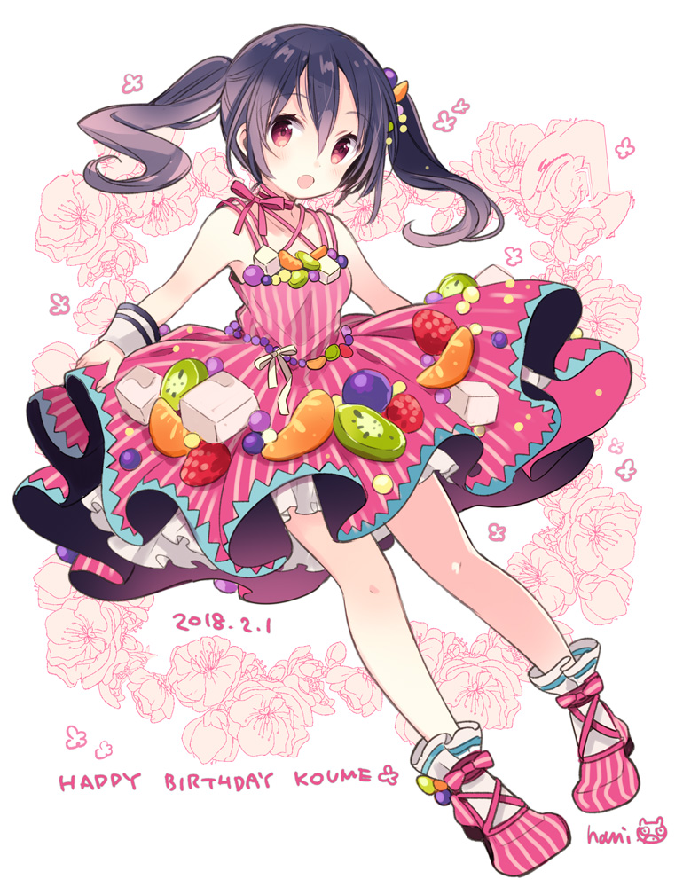 1girl, :o, ankle_socks, bangs, black_hair, bow, dated, dress