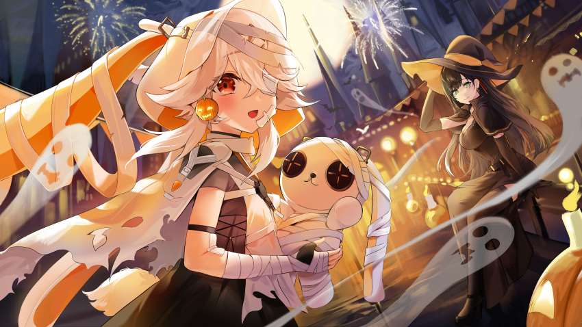 2girls, absurdres, aerial_fireworks, alternate_costume, animal_hood, bandaged_arm, bandages, black_dress