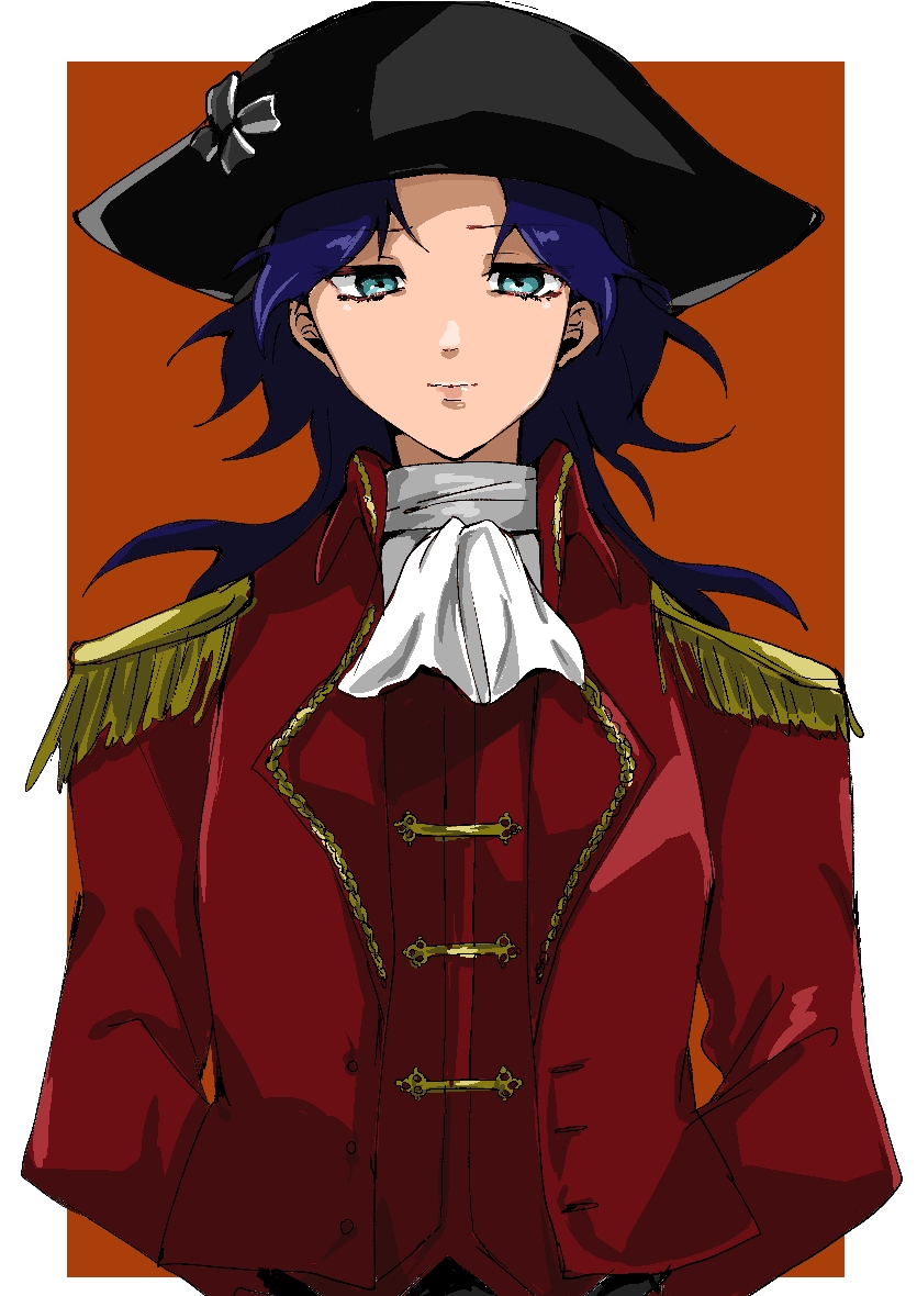 1girl, arms_behind_back, ascot, bicorne, blue_eyes, blue_hair, character_request, dantou_no_archange