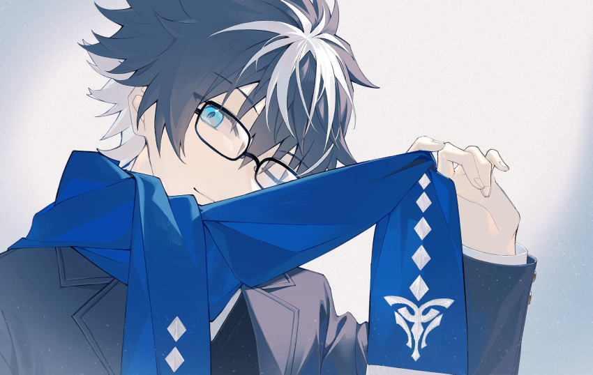 1boy, ;), bespectacled, black_hair, black_jacket, black_sweater, blue_eyes, blue_scarf, charlemagne_(fate), fate/grand_order, fate_(series), glasses, hair_between_eyes, highres, holding, holding_clothes, holding_scarf, idass_(idass16), jacket, looking_at_viewer, male_focus, multicolored_hair, official_alternate_costume, one_eye_closed, scarf, shirt, short_hair, smile, solo, streaked_hair, sweater, upper_body, white_background, white_shirt