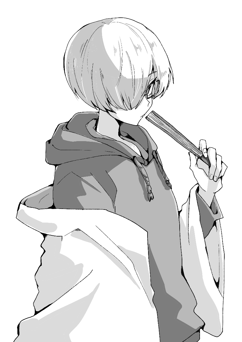 1boy, akane-banashi, arakawa_koguma, folding_fan, glasses, gradient, gradient_background, greyscale