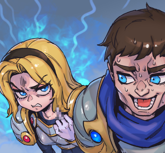 1boy, 1girl, armor, bangs, blonde_hair, blue_eyes, blue_scarf, breastplate
