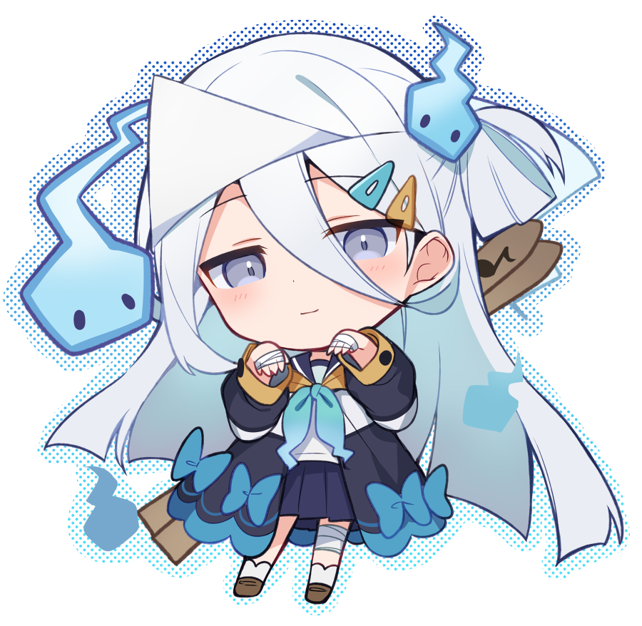 1girl, bangs, bow, chibi, closed_mouth, full_body, ghost, grey_eyes