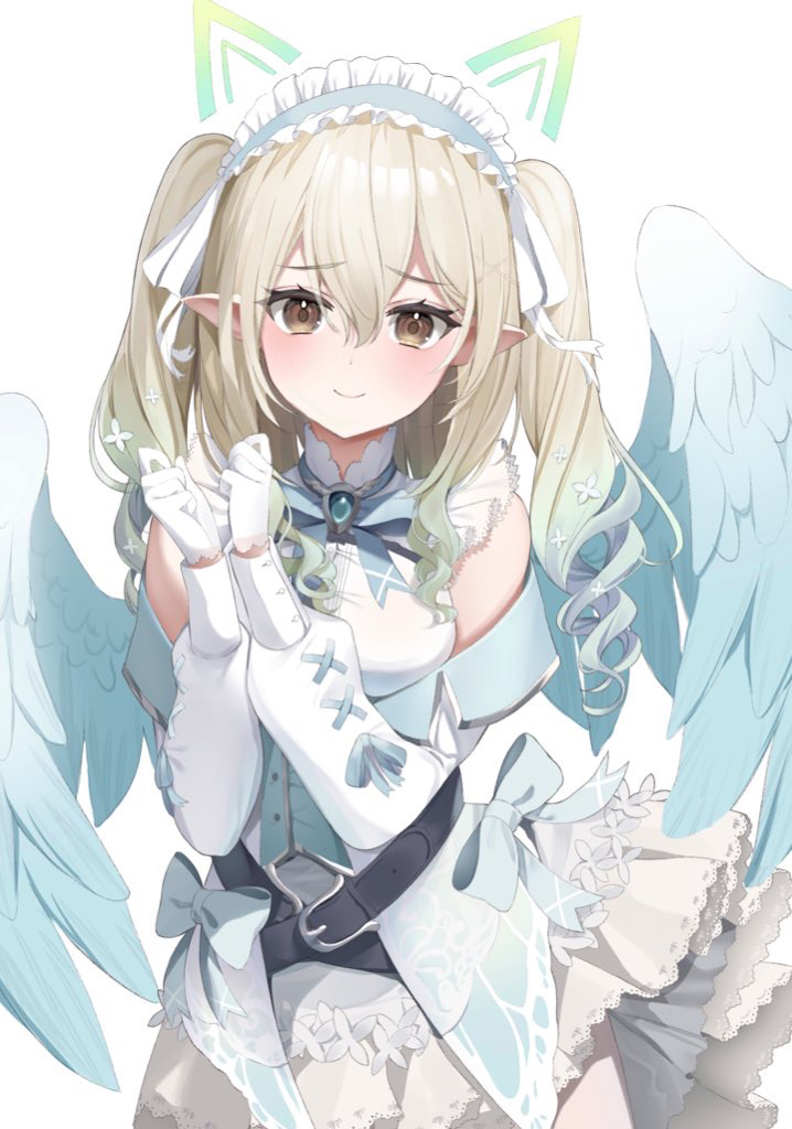1girl, angel_wings, animal_ears, bangs, breasts, feathered_wings, gloves, hair_over_eyes