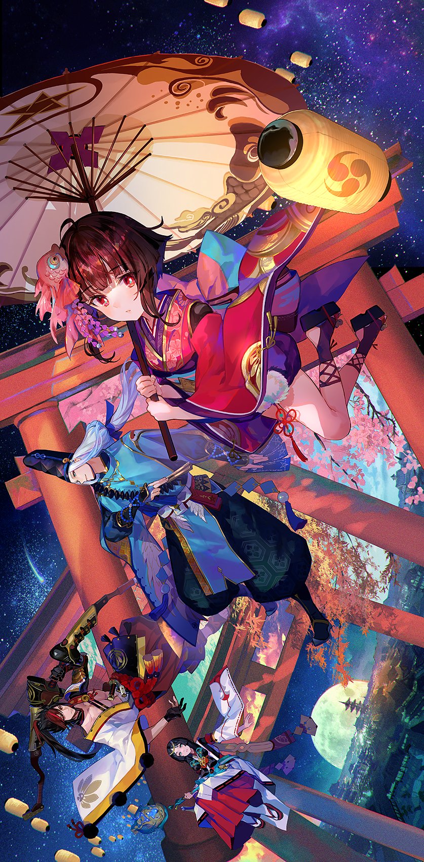 2boys, 2girls, abe_no_seimei_(onmyoji), bishounen, black_hair, fish_hair_ornament, full_body, fuzichoco