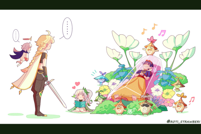 ..., 2boys, 2girls, aether_(genshin_impact), ahoge, aranara_(genshin_impact), blonde_hair, book