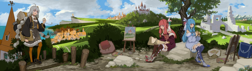 3girls, ahoge, argyle_thighhighs, art_brush, backpack, bag, bangs, bare_shoulders