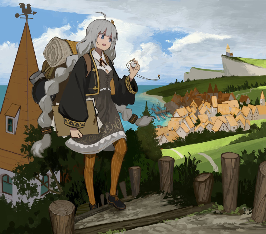 1girl, ahoge, backpack, bag, black_jacket, blue_eyes, braid, breasts