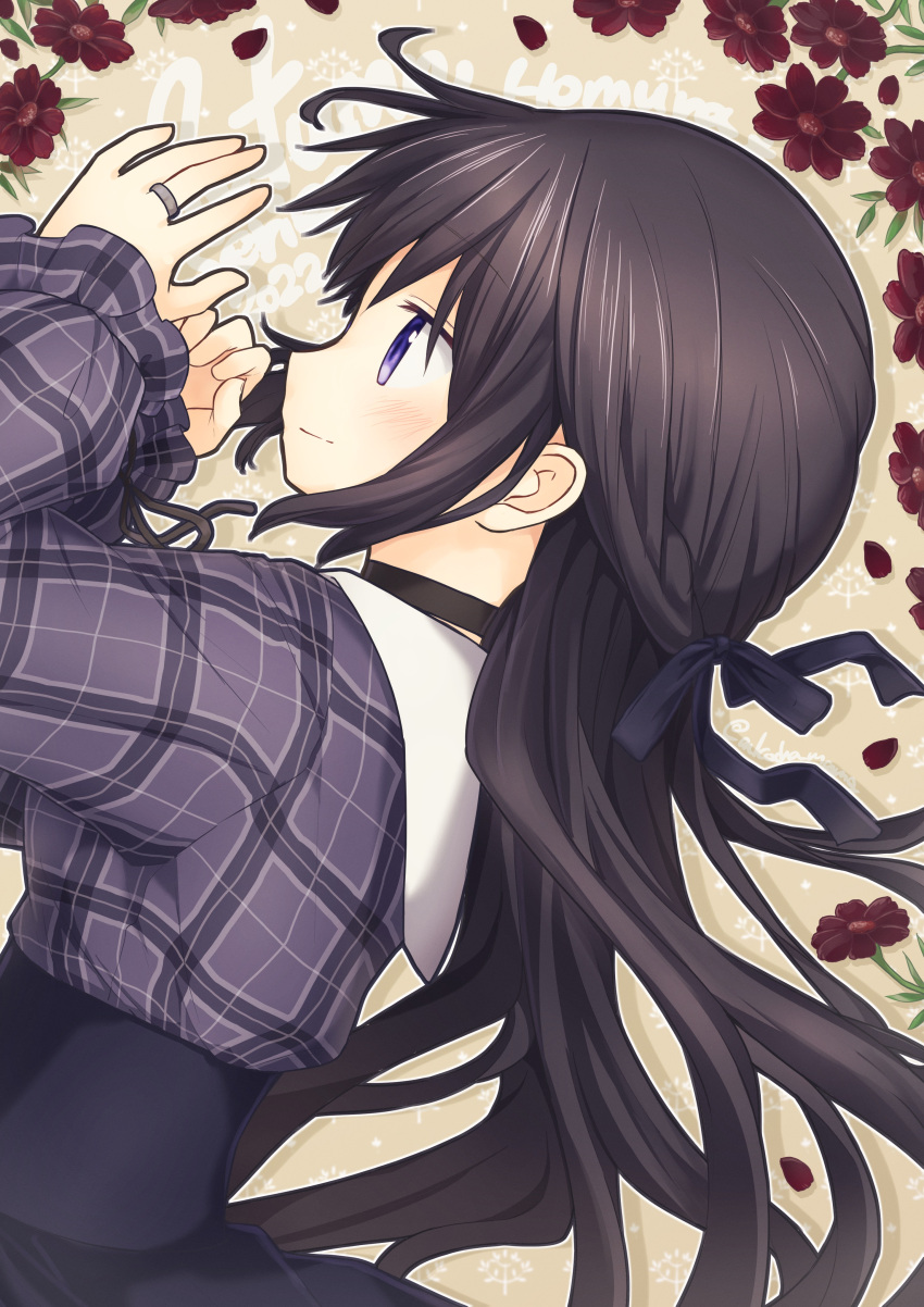 1girl, absurdres, akemi_homura, artist_name, black_choker, black_hair, black_ribbon, black_skirt