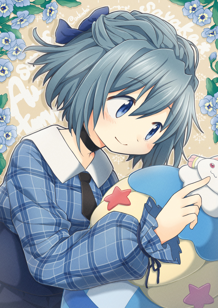 1girl, absurdres, bangs, black_necktie, blue_bow, blue_eyes, blue_hair, blue_shirt