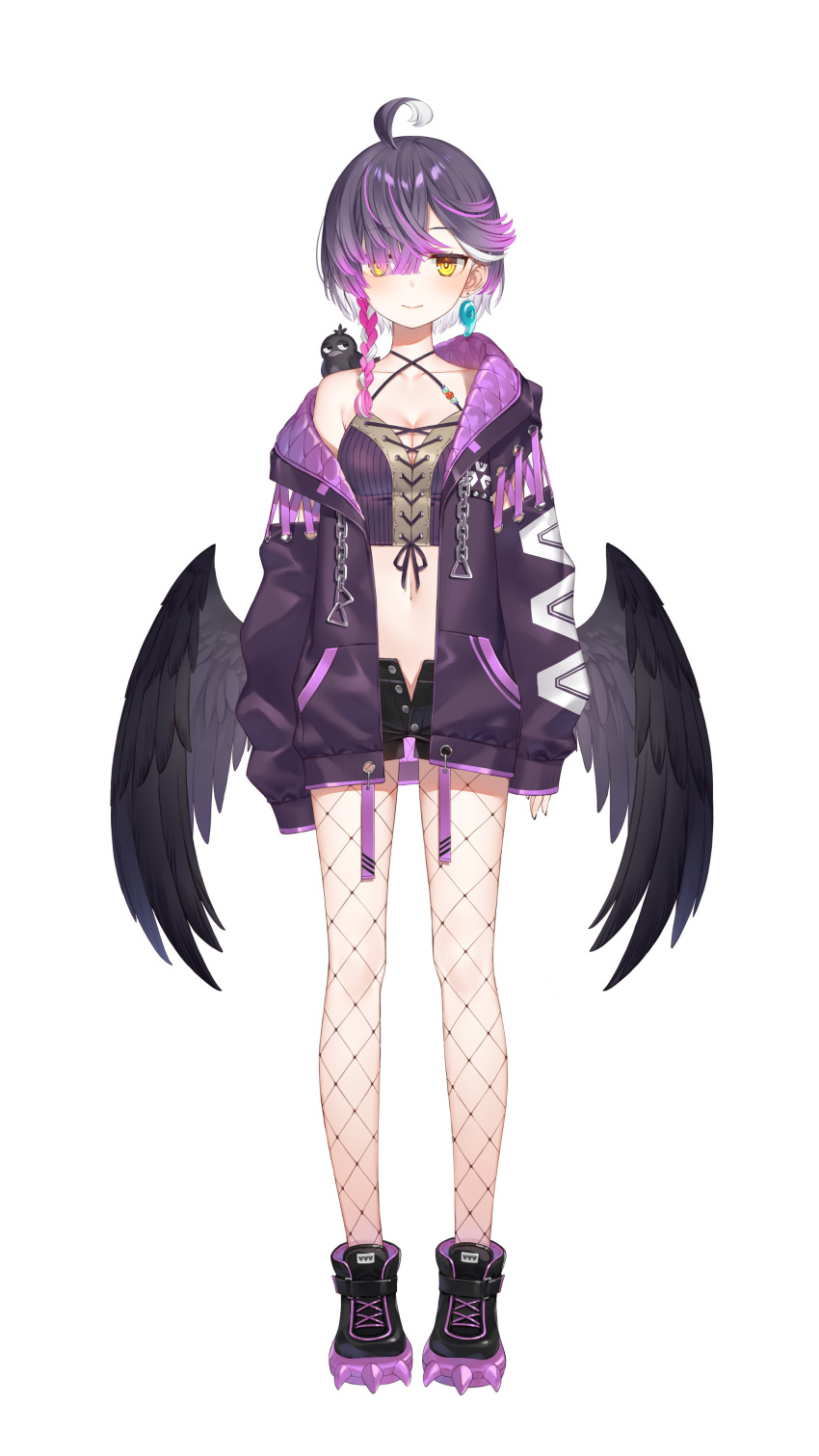 1girl, absurdres, ahoge, bird, black_wings, crow, fishnet_legwear, fishnets, hair_over_eyes, highres, jacket, looking_at_viewer, multicolored_hair, official_art, purple_hair, smile, solo, tsukiyoi_avi, varium, virtual_youtuber, white_hair, wings, yellow_eyes, yuuki_hagure