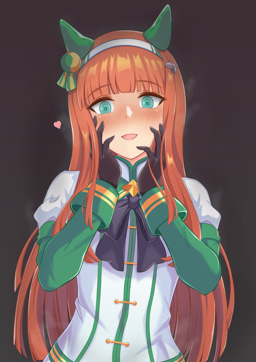 1girl, animal_ears, bangs, black_background, black_bow, black_bowtie, black_gloves, blunt_bangs, blush, bow, bowtie, crazy_eyes, ear_covers, gloves, green_eyes, green_jacket, hair_ornament, hairband, hands_on_own_face, heart, highres, hime_cut, horse_ears, horse_girl, jacket, juliet_sleeves, long_hair, long_sleeves, looking_at_viewer, multicolored_clothes, multicolored_jacket, open_mouth, orange_hair, puffy_sleeves, rapana_p, ringed_eyes, sidelocks, silence_suzuka_(umamusume), smile, solo, striped, striped_hairband, two-tone_jacket, umamusume, upper_body, white_hairband, white_jacket, yandere, yandere_trance