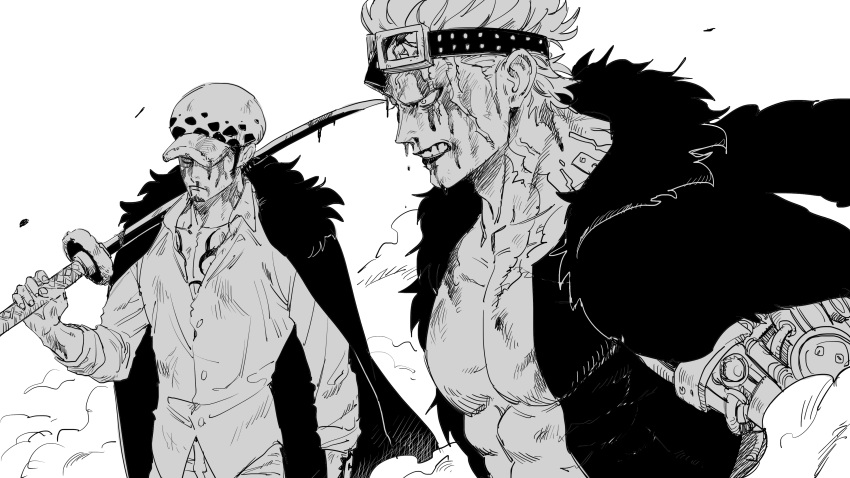 2boys, absurdres, battle, blood, blood_on_face, eustass_captain_kid, facial_hair, from_side