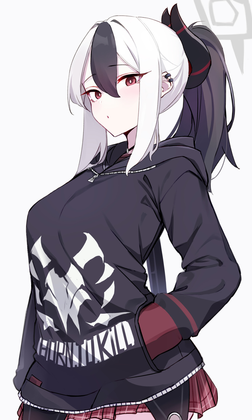 1girl, absurdres, bangs, black_hoodie, blue_archive, blush, breasts, demon_horns