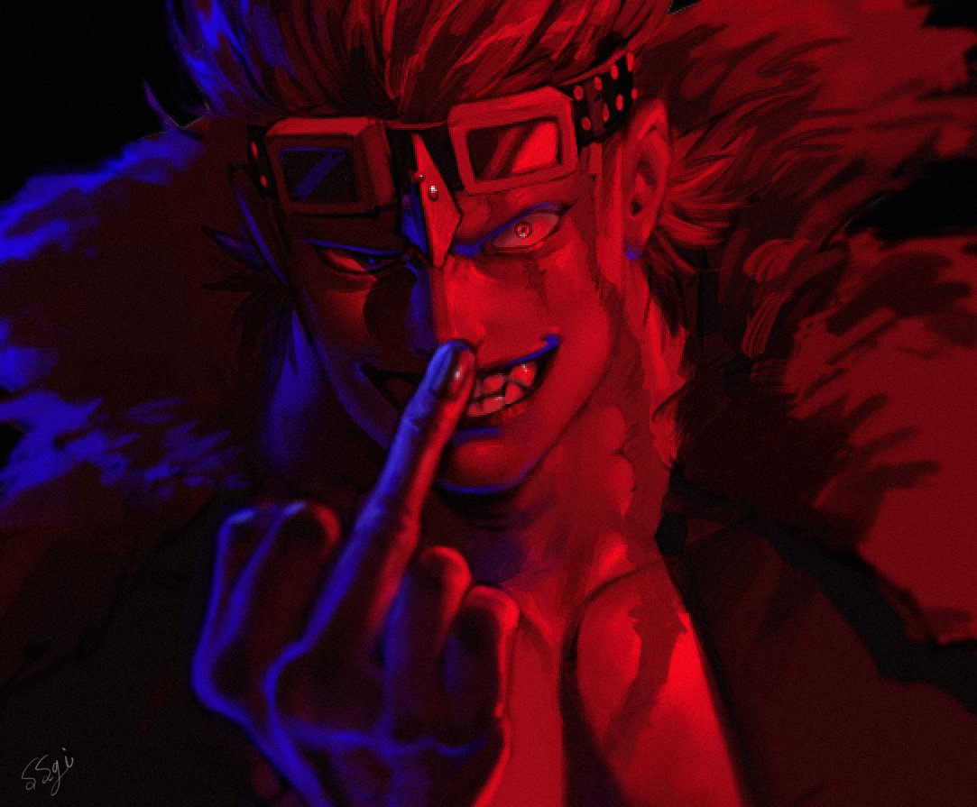 1boy, eustass_captain_kid, goggles, goggles_on_head, hand_up, looking_at_viewer, male_focus, middle_finger