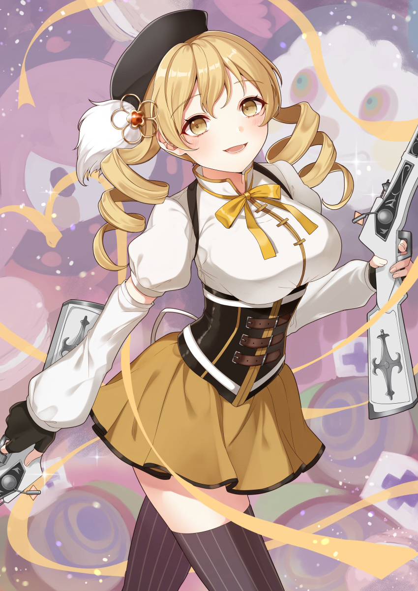 1girl, absurdres, belt, beret, black_gloves, black_headwear, blonde_hair, blush, breasts, brown_thighhighs, commentary, corset, cowboy_shot, detached_sleeves, drill_hair, fingerless_gloves, gloves, gun, hair_ornament, hat, high_collar, highres, holding, holding_weapon, kuroyuki_0713, large_breasts, long_sleeves, looking_at_viewer, magical_girl, magical_musket, mahou_shoujo_madoka_magica, neck_ribbon, open_mouth, pleated_skirt, puffy_short_sleeves, puffy_sleeves, ribbon, short_sleeves, skirt, smile, solo, striped, striped_thighhighs, teeth, thigh-highs, thighhighs, tomoe_mami, twin_drills, twintails, vertical-striped_thighhighs, vertical_stripes, weapon, yellow_eyes, yellow_ribbon, yellow_skirt, zettai_ryouiki