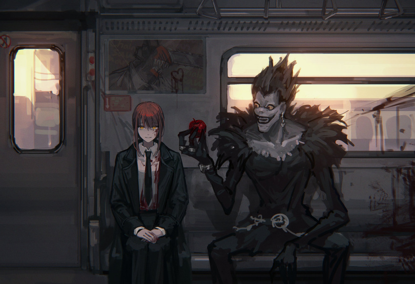 1boy, 1girl, apple, bangs, black_gloves, black_hair, black_jacket, black_lips