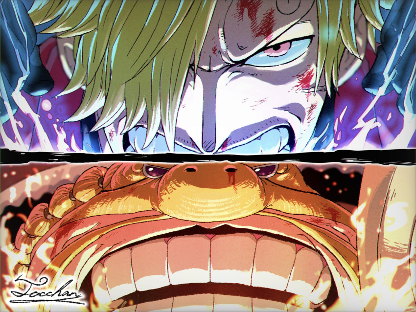 2boys, battle, blonde_hair, blood, blood_on_face, close-up, dinosaur_boy, eye_focus