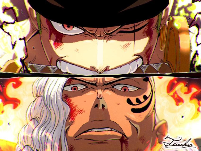 2boys, battle, blood, blood_on_face, close-up, dark-skinned_male, dark_skin, eye_focus