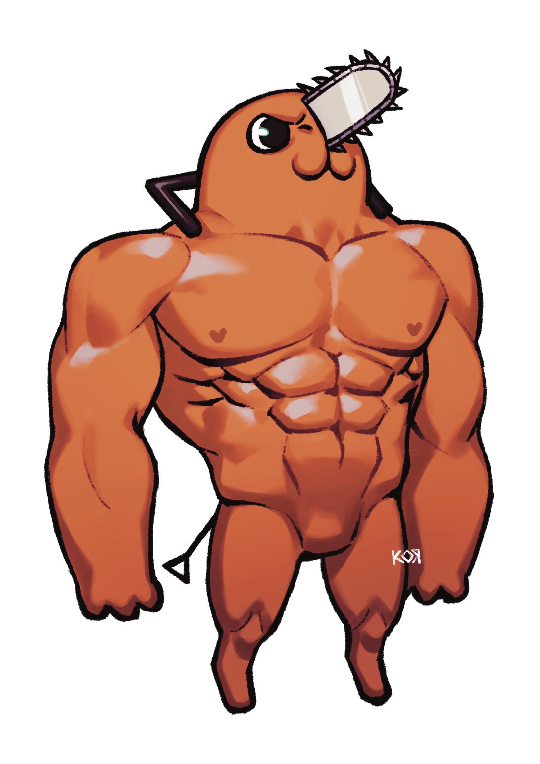 1boy, :3, abs, chainsaw, chainsaw_man, frown, full_body, heart