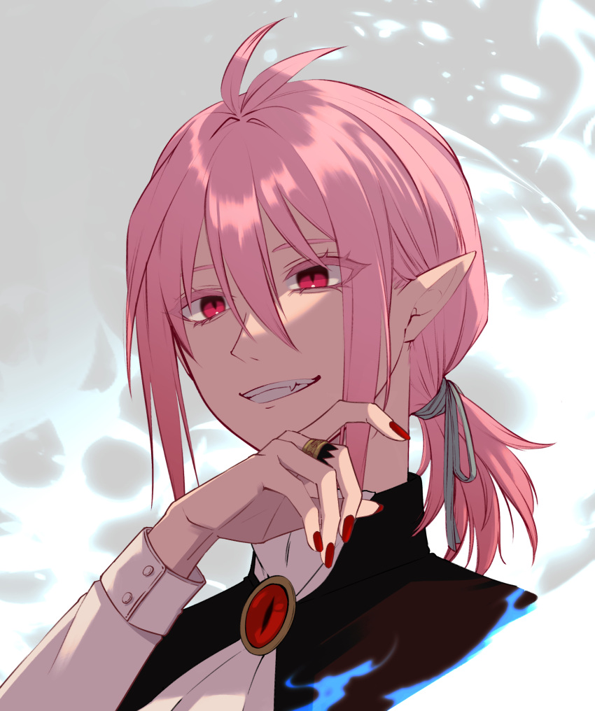 1boy, asmodeus_alice, bishounen, demon_boy, hair_between_eyes, highres, looking_at_viewer, low_ponytail, mairimashita!_iruma-kun, male_focus, nail_polish, pink_hair, pointy_ears, red_eyes, red_nails, short_ponytail, smile, solo, sumuna_sunaco