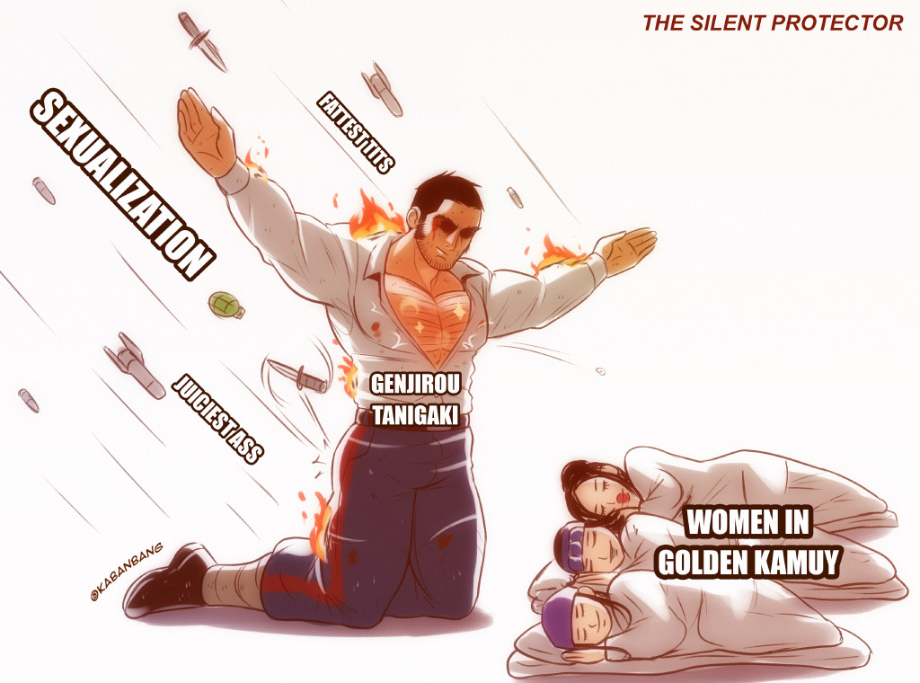 1boy, 3girls, arms_up, asirpa, bang_dacy, beard, bed_sheet, blood
