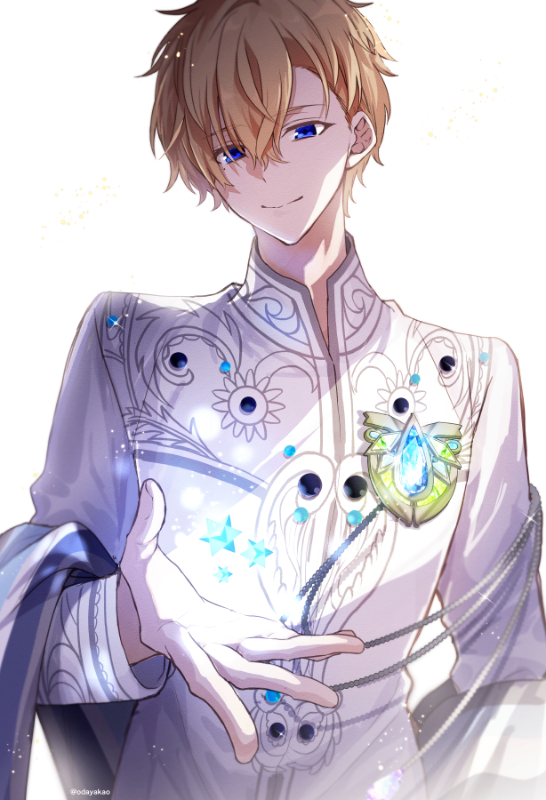 1boy, blonde_hair, blue_eyes, blue_gemstone, brooch, chain, gem, hair_behind_ear