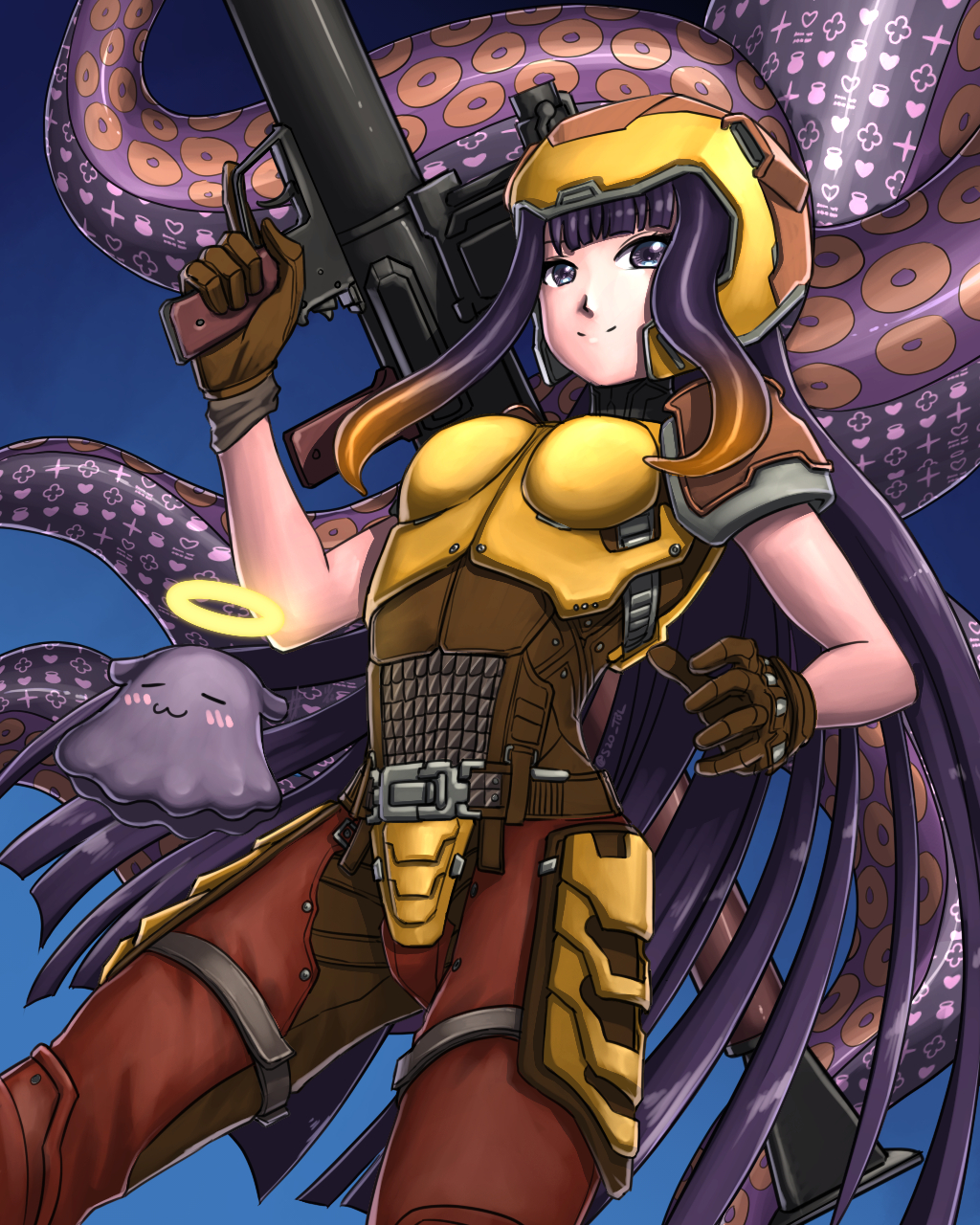 1girl, blue_background, breasts, brown_gloves, cosplay, gloves, halo, heart