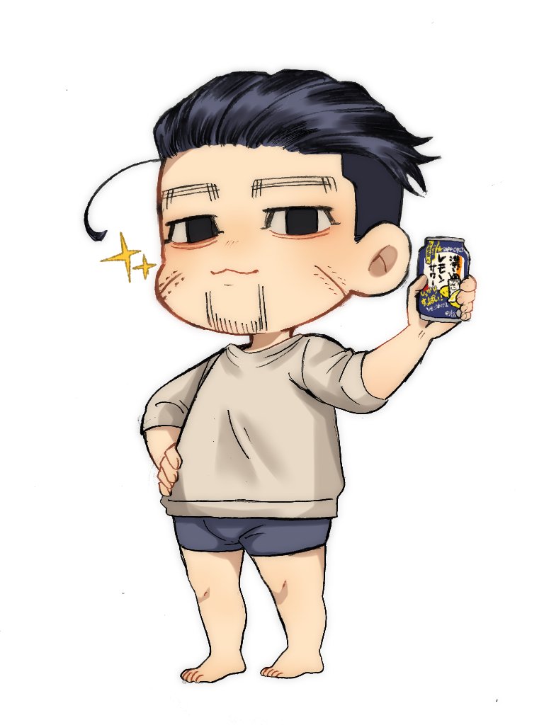 1boy, barefoot, black_eyes, black_hair, can, chibi, facial_hair, goatee