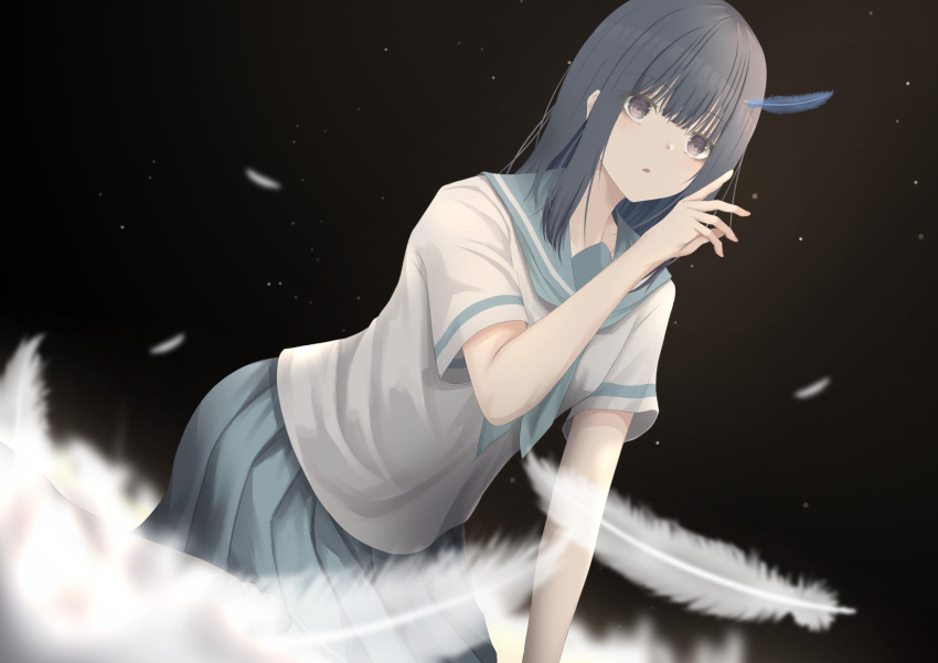 1girl, :o, araishi_maro, bangs, blue_hair, blue_neckerchief, blue_sailor_collar, blue_skirt