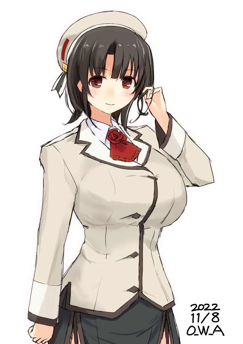 1girl, alternate_costume, artist_name, ascot, beret, black_hair, breasts, brown_headwear
