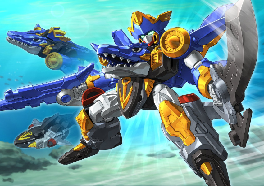 alkham, deforme_gattai, dual_wielding, glowing, glowing_eyes, green_eyes, gun, head_tilt