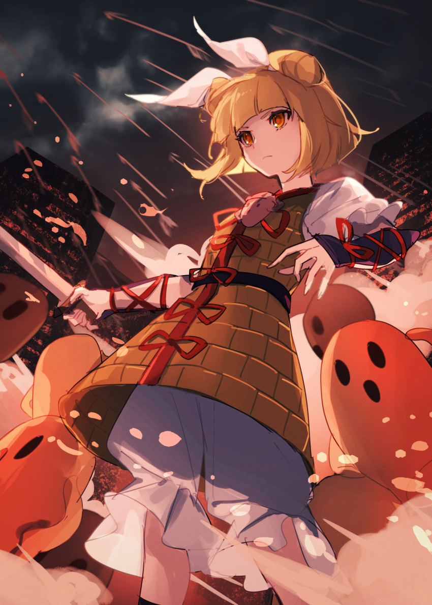 1girl, armor, armored_dress, bangs, blonde_hair, bloomers, closed_mouth, double_bun