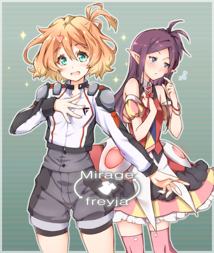 2girls, bangs, blonde_hair, blue_eyes, blush, breasts, colored_tips, cosplay