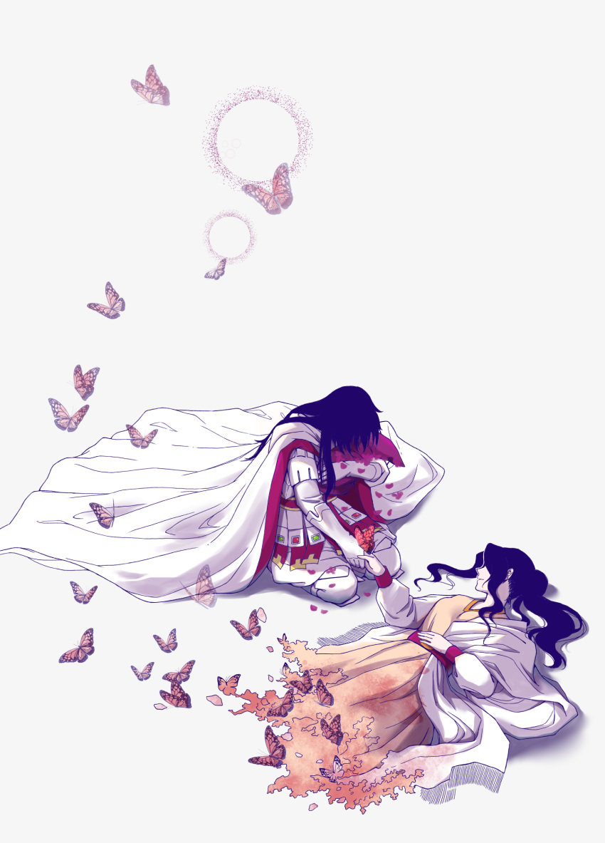 1boy, 1girl, armor, bangs, black_hair, blue_butterfly, bug, butterfly, cloak, commentary, constantine_xi_(fate), death, dissolving, dress, earrings, fate/grand_order, fate_(series), fringe_trim, gloves, gradient, gradient_background, hand_on_own_stomach, head_down, highres, holding_baby, holding_hands, insect, jewelry, long_hair, long_sleeves, looking_at_another, lying, miyuyoko, on_back, orange_butterfly, orange_dress, pants, ponytail, red_butterfly, seiza, shawl, simple_background, sitting, smile, stud_earrings, tunic, white_armor, white_background, white_cloak, white_gloves, white_pants, white_shawl, white_tunic