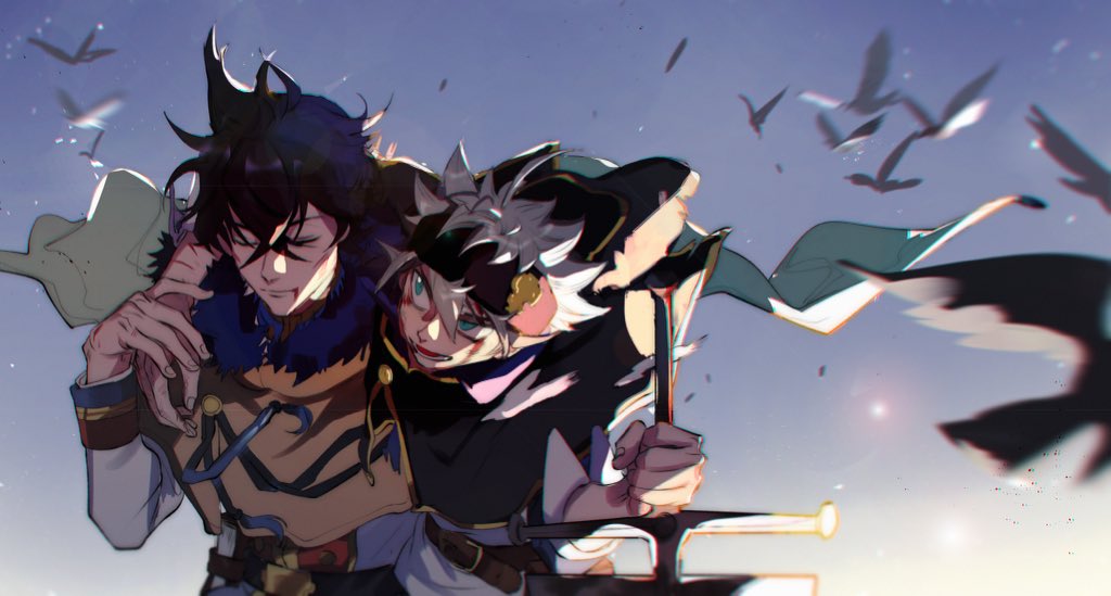 2boys, ahoge, asta_(black_clover), black_capelet, black_clover, black_hair, caosishao, capelet