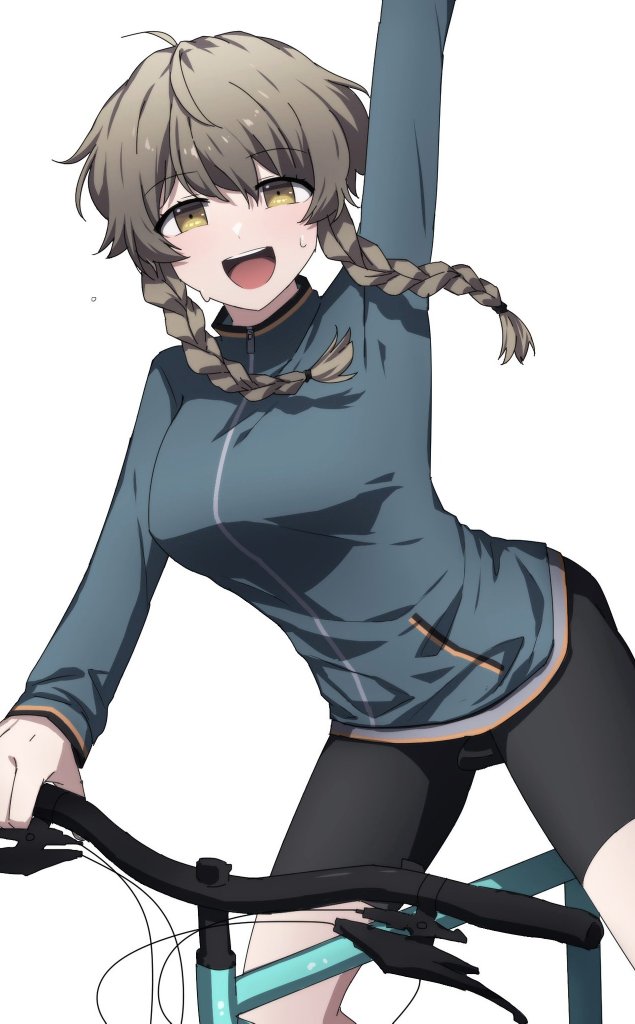 1girl, :d, amane_suzuha, arm_up, bangs, bicycle, bike_shorts, black_shorts