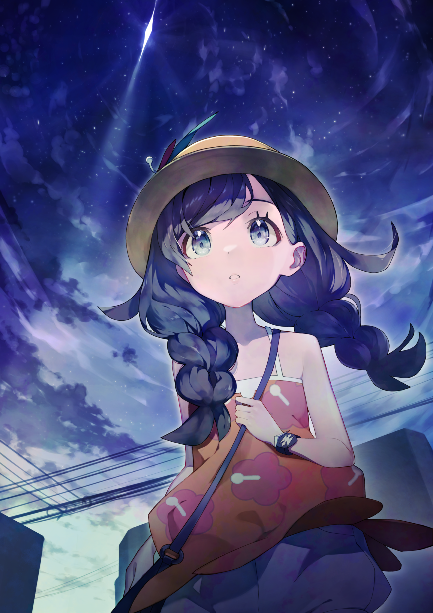 1girl, bag, bangs, black_hair, braid, brown_headwear, commentary_request, eyelashes