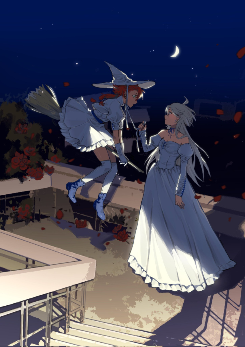 2girls, ahoge, bangs, blue_eyes, blush, broom, broom_riding, chiko_(berry), crescent, dress, grey_eyes, grey_hair, gundam, gundam_suisei_no_majo, hair_between_eyes, hat, highres, long_hair, low_ponytail, miorine_rembran, multiple_girls, night, open_mouth, petals, redhead, suletta_mercury, thick_eyebrows, white_dress, white_hair, witch_hat