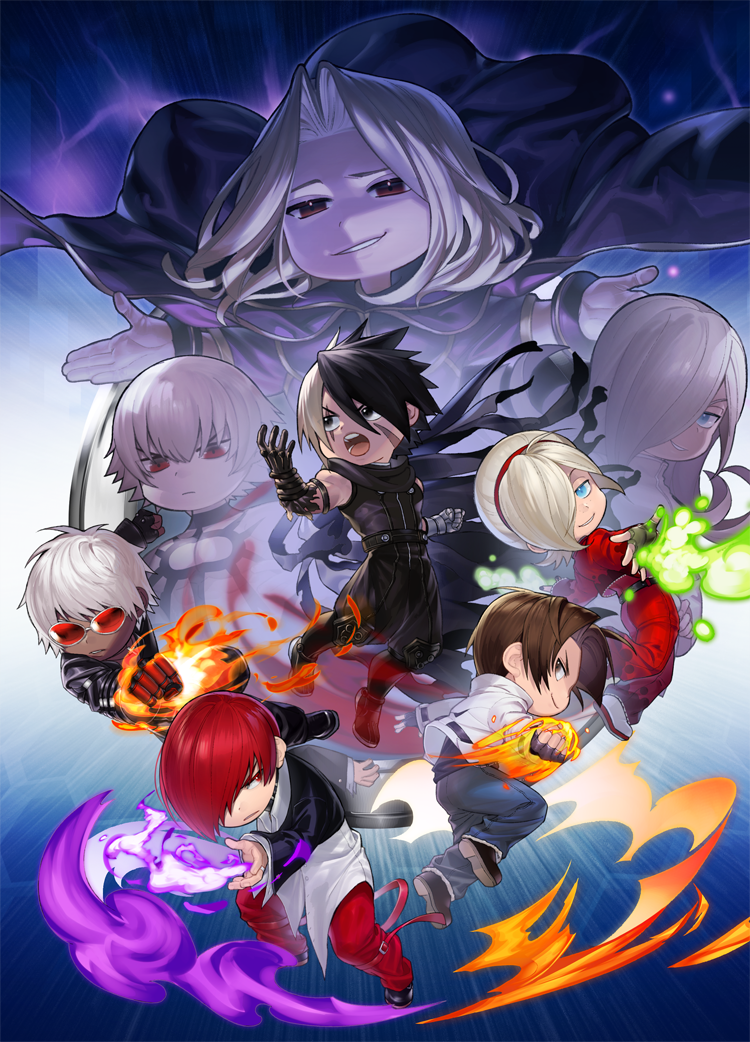 ash_crimson, black_hair, blue_eyes, brown_hair, chibi, cloak, fire, full_body