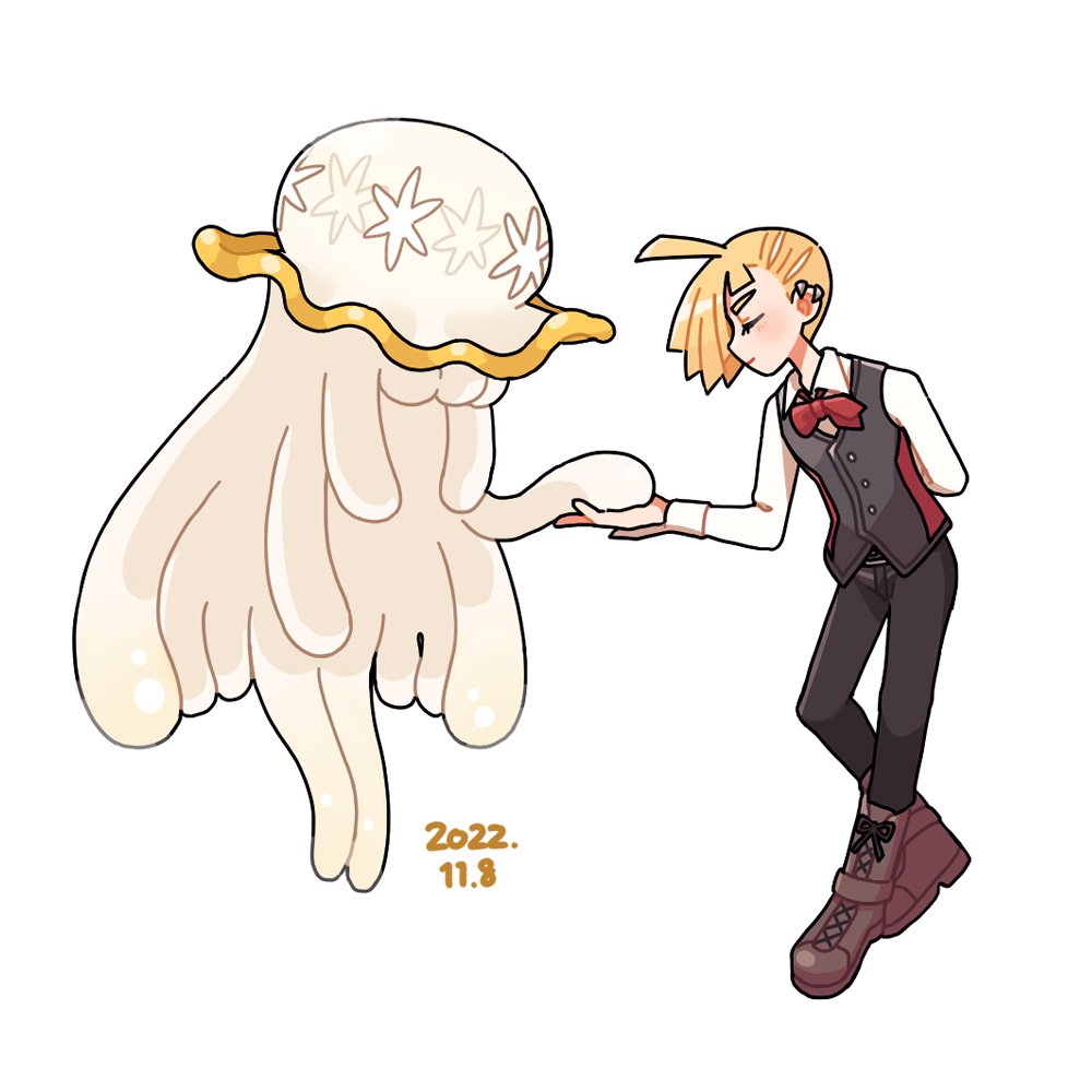 1boy, ahoge, alternate_color, blonde_hair, blush, boots, brown_footwear, buttons