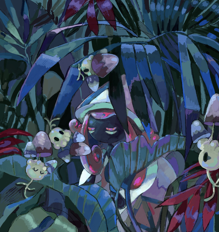 black_eyes, closed_eyes, highres, leaf, morelull, night, no_humans, outdoors