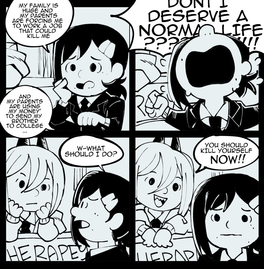 2girls, absurdres, chainsaw_man, charles_schulz_(style), closed_mouth, comic, english_text, greyscale, hair_ornament, hairclip, higashiyama_kobeni, highres, horns, kermittend, left-to-right_manga, long_hair, long_sleeves, looking_at_another, meme, monochrome, multiple_girls, necktie, open_mouth, peanuts, power_(chainsaw_man), sharp_teeth, short_hair, smile, speech_bubble, talking, teeth, upper_teeth, you_should_kill_yourself_now_(meme)
