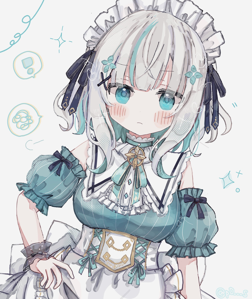 1girl, alternate_costume, apron, ars_almal, bangs, blue_eyes, blue_hair, blush, breasts, dress, frills, gradient, gradient_background, hair_ornament, highres, looking_at_viewer, maid, maid_apron, maid_headdress, medium_breasts, multicolored_hair, nijisanji, p0_s, puffy_short_sleeves, puffy_sleeves, ribbon, short_hair, short_sleeves, simple_background, solo, streaked_hair, virtual_youtuber, white_hair