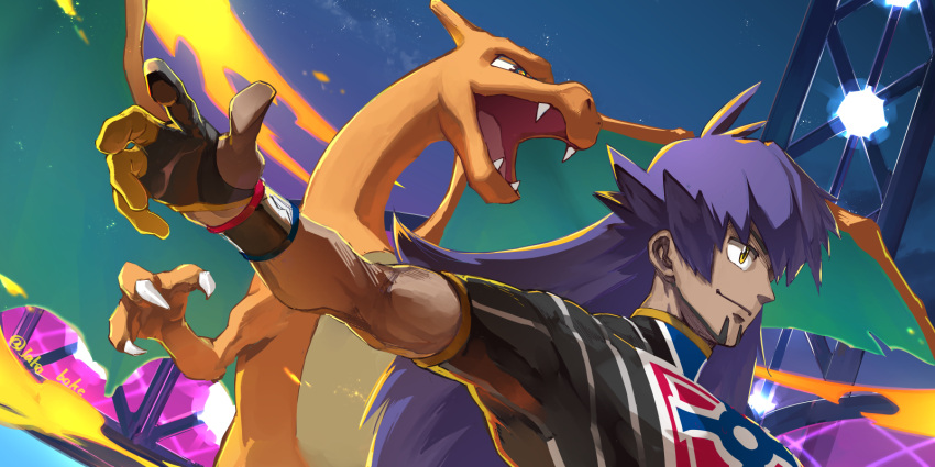 1boy, bangs, champion_uniform, charizard, claws, commentary_request, dark-skinned_male, dark_skin